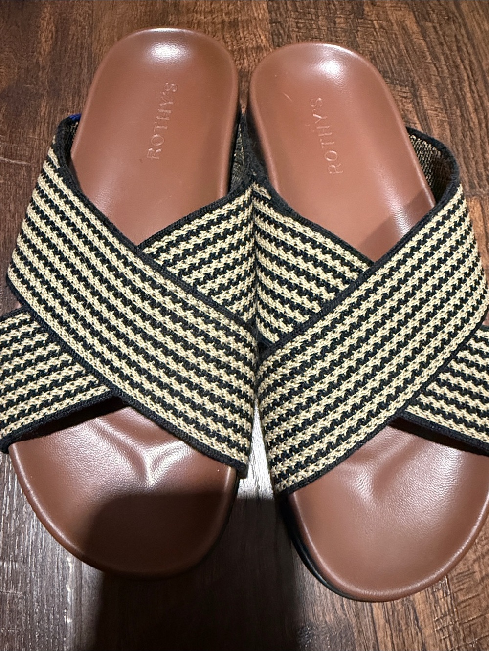 Rothy's Brown Footbed Slide Sandals with Black and Cream Cross Straps size 8